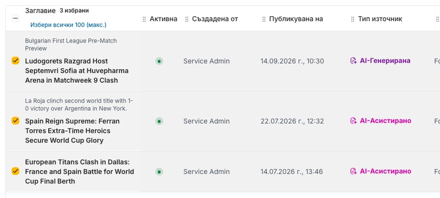 Три отметнати статии в списъка. Заглавката Заглавие показва 3 избрани и линка Избери всички 100 (макс.), а квадратчето в заглавката показва частичен избор.