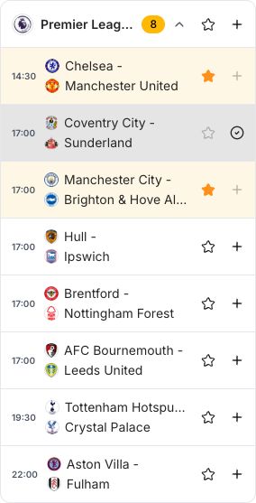Групата Premier League (8) в Добави събития: Chelsea - Manchester United и Manchester City - Brighton & Hove Albion са със звезда (запълнени оранжеви звезди), Coventry City - Sunderland вече е добавено (отметка), Aston Villa - Fulham не е добавено.