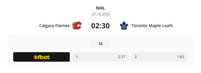 Преглед на „Единично събитие“ за хокей на лед: NHL, 23.10.2026, Toronto Maple Leafs 02:00 New York Rangers, с коефициентите на Efbet 12: 1,89 и 2,02.