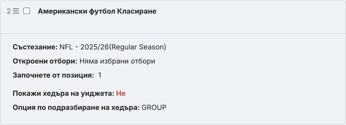 Запазеният блок Класиране за американски футбол в текста на статията: обобщаваща карта със състезанието, подчертаните отбори, началната позиция, настройката за хедъра и избрания тип група (GROUP).