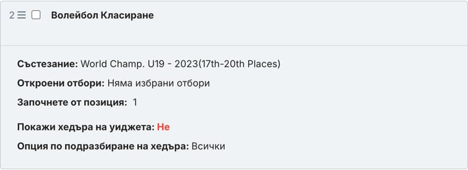 Запазеният блок Класиране за волейбол в текста на статията: обобщаваща карта със състезанието, подчертаните отбори, началната позиция, настройката за хедъра и избрания тип група (Overall).
