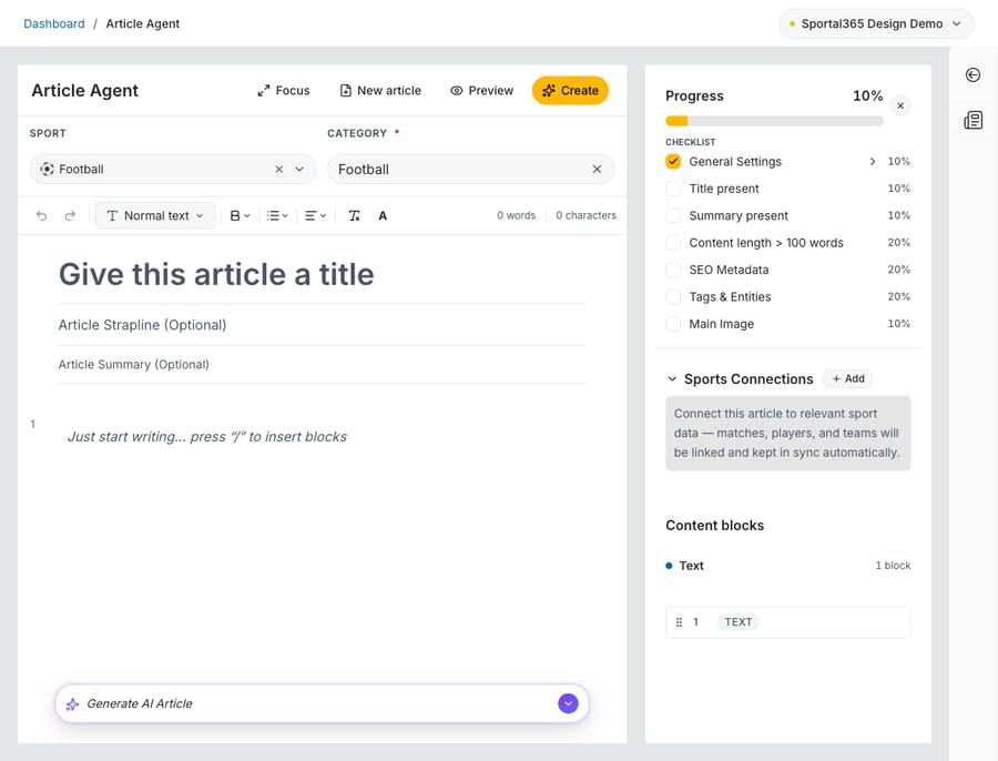 Article Agent in CMS 4.8.0 with SPORT Football and CATEGORY Football selected: editor card with Focus, New article, Preview and a yellow Create button, the formatting toolbar, empty title, strapline, summary and body (