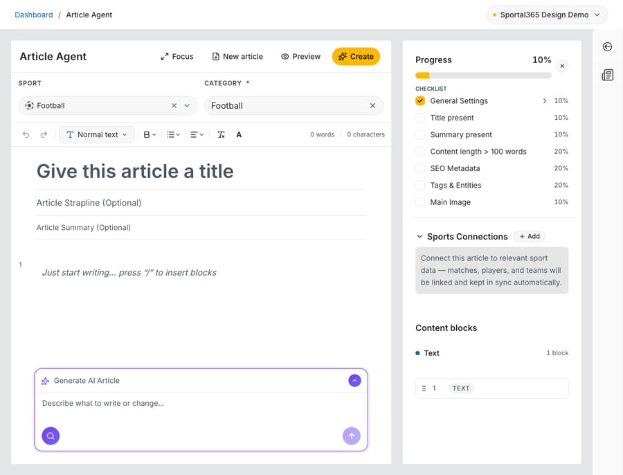 Article Agent with Sport and Category set to Football and the Generate AI Article box expanded and focused at the bottom of the editor: placeholder 