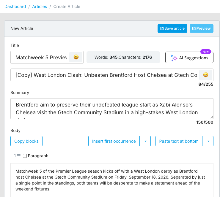 Create Article screen opened by Copy Article: breadcrumb Dashboard / Articles / Create Article, New Article header with Save article and Preview, strap line 