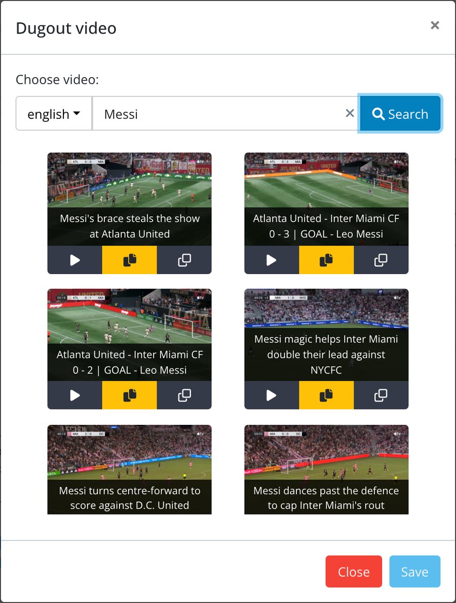 Dugout video modal opened from Search Dugout videos: language english, search
