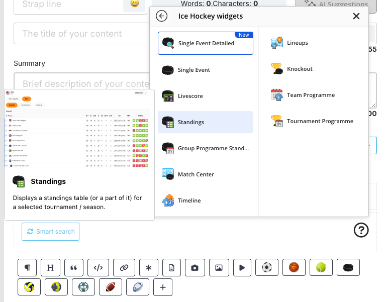 The + menu's Ice Hockey widgets panel (Single Event Detailed with New badge, Single Event, Livescore, Standings, Group Programme Standings, Match Center, Timeline, Lineups, Knockout, Team Programme, Tournament Programme) with Standings hovered and its description card on the left: an NHL standings thumbnail and