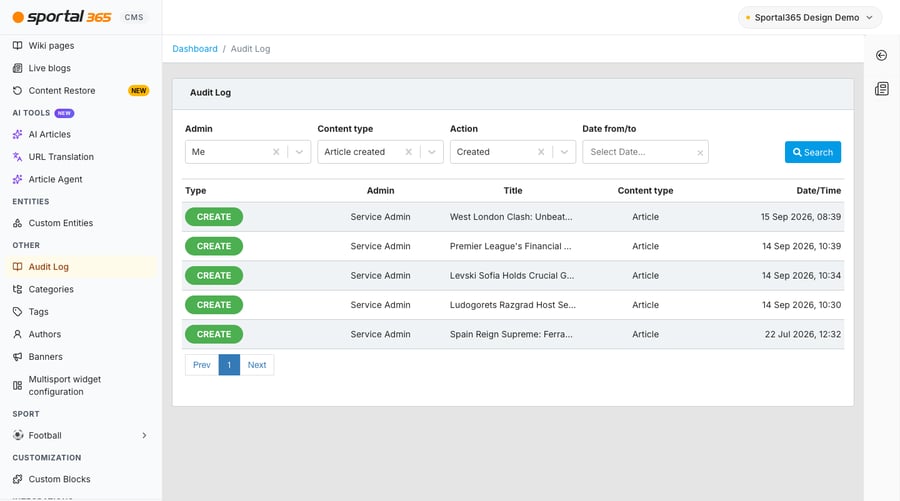 CMS 4.8.0 Audit Log page with OTHER > Audit Log highlighted in the sidebar: filters Admin 