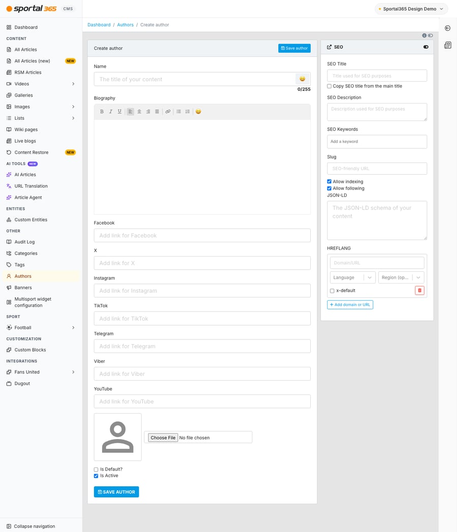 Create author screen in CMS 4.8.0 (breadcrumb Dashboard / Authors / Create author). Left: Name, Biography rich-text editor, link fields for Facebook, X, Instagram, TikTok, Telegram, Viber and YouTube, a profile photo placeholder with Choose File, Is Default? (unchecked), Is Active (checked) and SAVE AUTHOR. Right: the SEO panel expanded with SEO Title, Copy SEO title from the main title, SEO Description, SEO Keywords, Slug, Allow indexing, Allow following, JSON-LD and HREFLANG (Domain/URL, Language, Region, x-default, Add domain or URL).