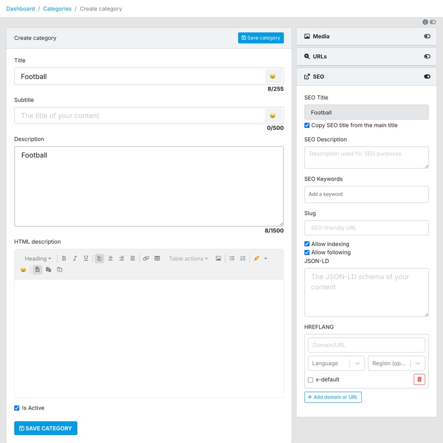 Category form with Title and Description 