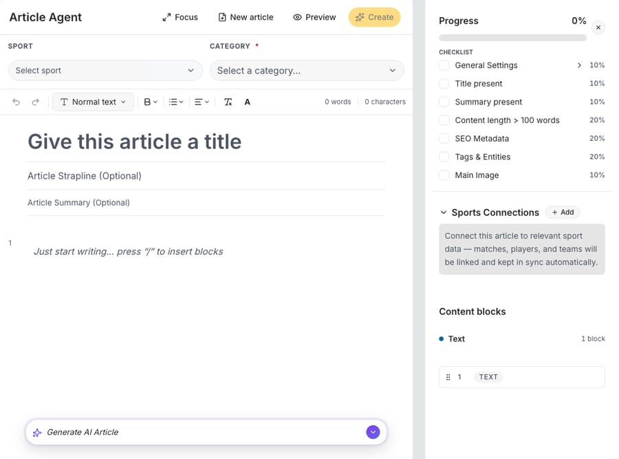 The redesigned Article Agent: Focus, New article, Preview and Create in the header, the SPORT and CATEGORY selectors, the title, strapline and summary fields, the collapsed Generate AI Article bar at the bottom, and on the right the Progress checklist at 0%, Sports Connections with + Add, and Content blocks.