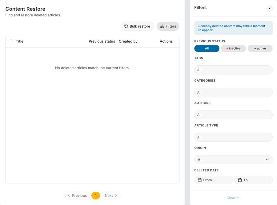 The Content Restore page, Find and restore deleted articles, with Bulk restore and Filters above a table of Title, Previous status, Created by and Actions, and the Filters panel on the right: Previous status, Tags, Categories, Authors, Article type, Origin and Deleted date, with Clear all at the bottom.