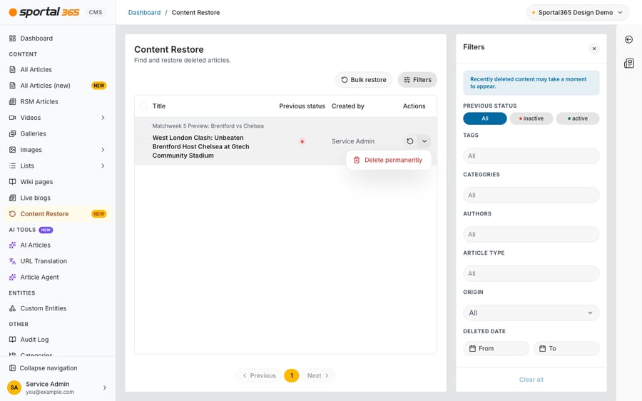 The Content Restore page with one deleted article listed. The arrow next to its restore button is open and shows Delete permanently in red. The Filters panel is open on the right.