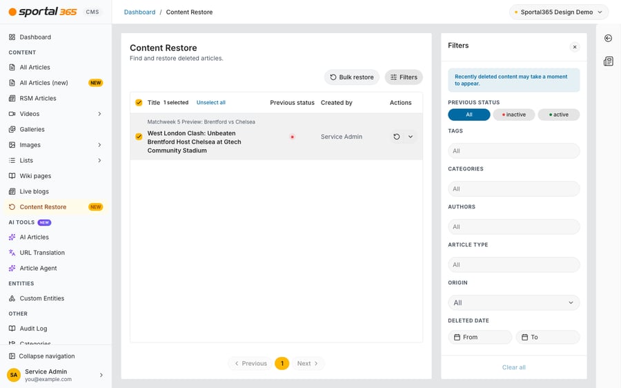 The Content Restore page with one deleted article ticked. The Title header shows 1 selected and Unselect all, the row has the restore button and the arrow in Actions, Bulk restore and Filters are above the table, and the Filters panel is open on the right.