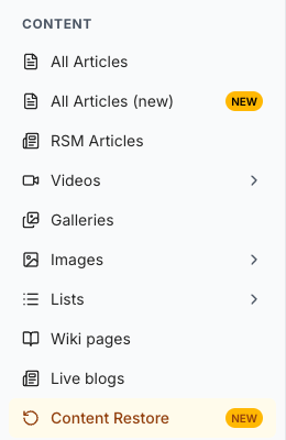 The CONTENT section of the sidebar with Content Restore selected at the bottom. Both All Articles (new) and Content Restore carry a NEW badge.
