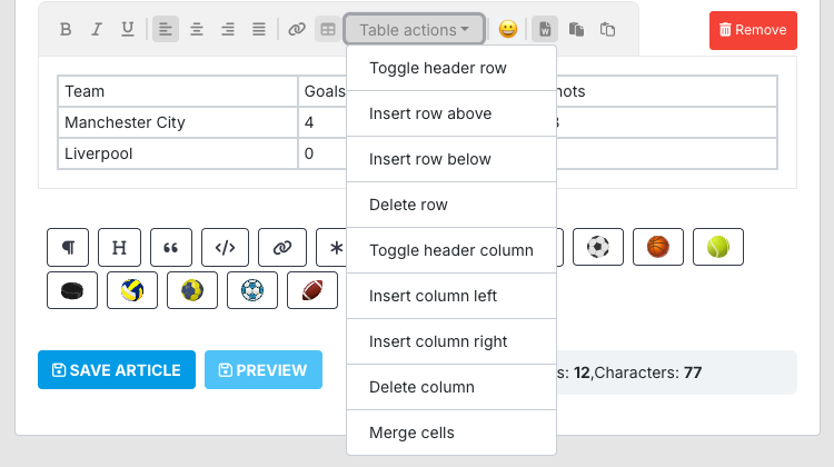 A Table block with a filled table and the Table actions menu open: Toggle header row, Insert row above, Insert row below, Delete row, Toggle header column, Insert column left, Insert column right, Delete column and Merge cells.