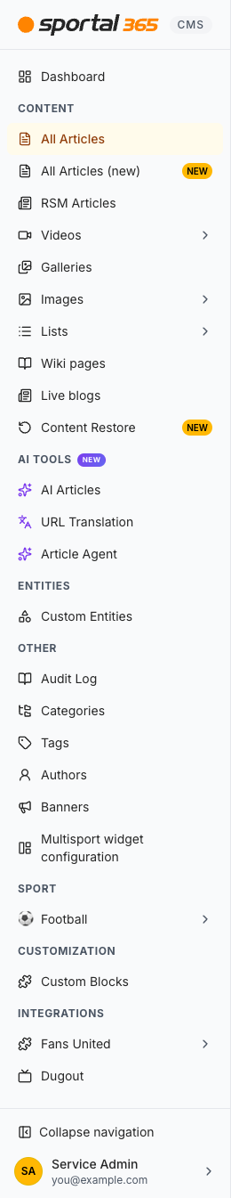 The new light CMS sidebar: the sportal365 logo with a CMS badge, Dashboard, then the CONTENT, AI TOOLS (NEW), ENTITIES, OTHER, SPORT, CUSTOMIZATION and INTEGRATIONS sections, NEW badges on All Articles (new) and Content Restore, and Collapse navigation above the account card at the bottom.