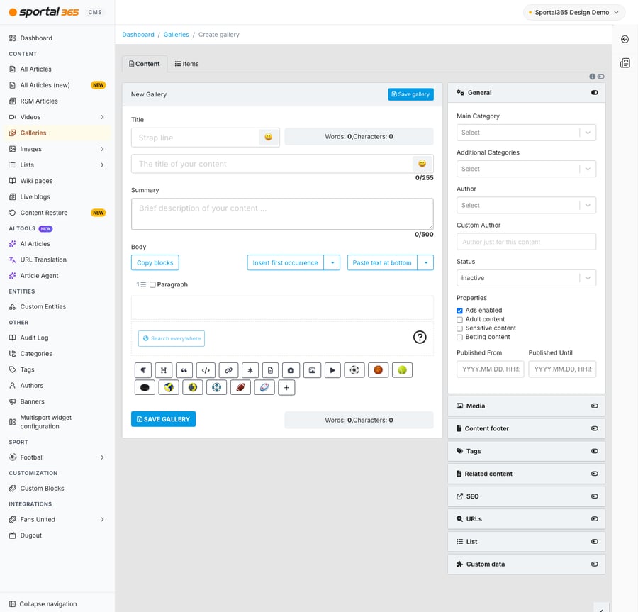 Create gallery screen in CMS 4.8.0 (breadcrumb Dashboard / Galleries / Create gallery) on the Content tab: an empty New Gallery form (Strap line, Title, Summary, Body with the block icon row, SAVE GALLERY). On the right, the General panel is expanded (Main Category, Additional Categories, Author, Custom Author, Status inactive, Properties with Ads enabled ticked, Published From/Until), followed by the collapsed Media, Content footer, Tags, Related content, SEO, URLs, List and Custom data panels.