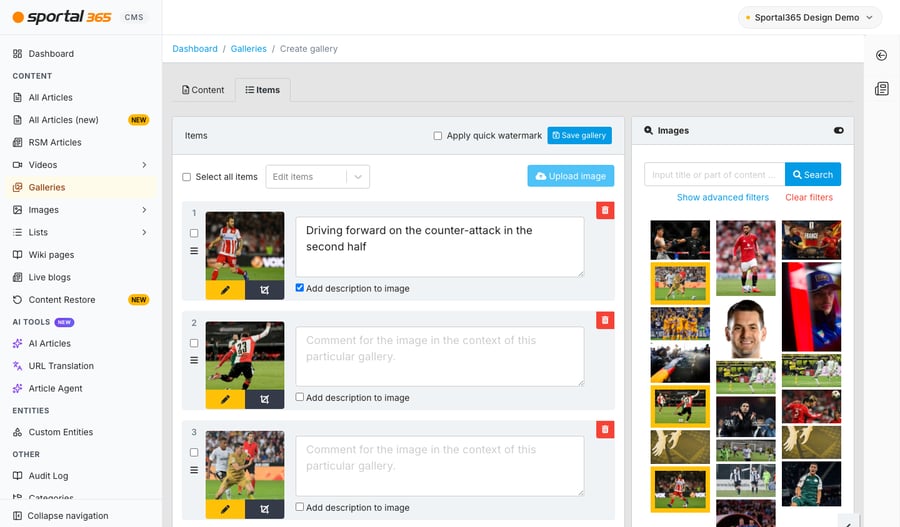 Gallery Items tab in CMS 4.8.0 with three football photos added from the Images panel on the right. Each item row has a number, a checkbox, a drag handle, edit and crop buttons, a comment box and a red delete button. The first comment reads 