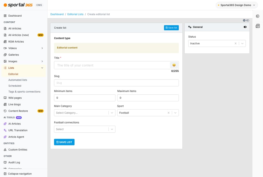Create editorial list screen (breadcrumb Dashboard / Editorial Lists / Create editorial list), with Lists > Editorial selected in the sidebar. The form has Content type 