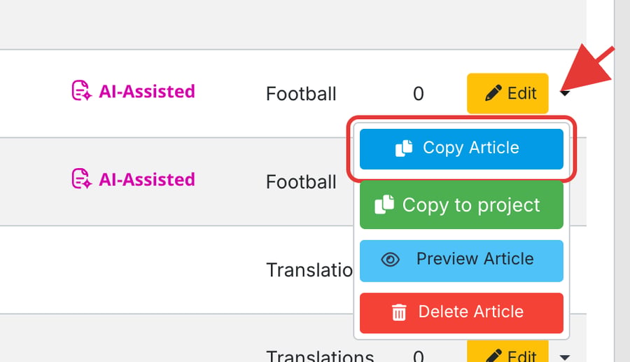 Legacy All Articles row with the Edit caret menu open: Copy Article (outlined in red), Copy to project, Preview Article and Delete Article, with a red arrow pointing at the caret.
