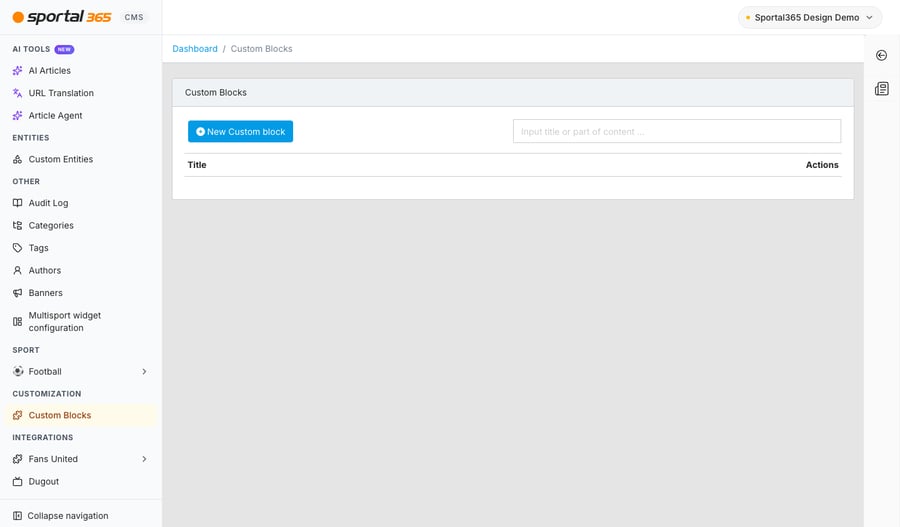 Custom Blocks listing in CMS 4.8.0: Custom Blocks selected under CUSTOMIZATION in the sidebar, the New Custom block button, a search box, and an empty Title / Actions table.