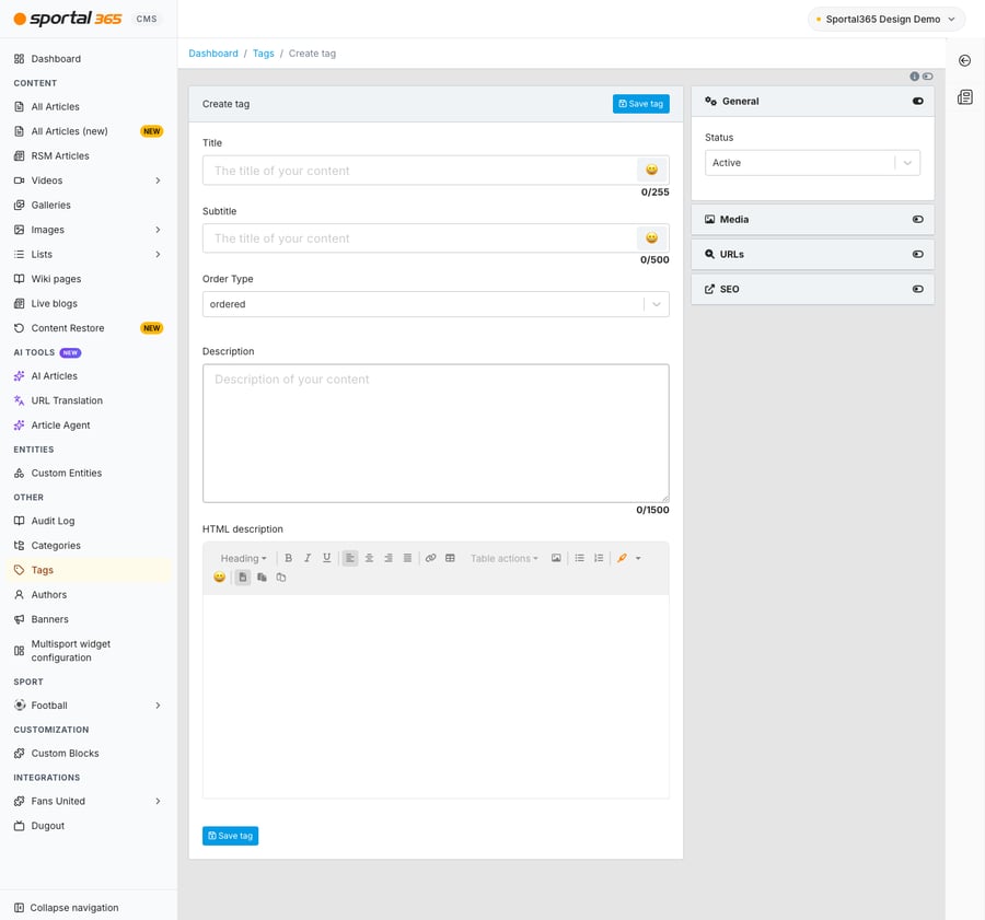 Create tag screen in CMS 4.8.0 (breadcrumb Dashboard / Tags / Create tag), empty: Title, Subtitle, Order Type