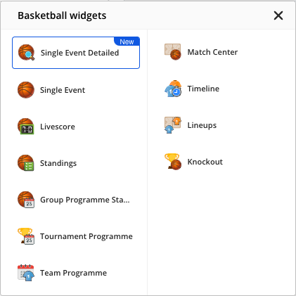 The Basketball widgets list opened from the Basketball icon in the article body, showing Single Event Detailed (New), Single Event, Livescore, Standings, Group Programme Standings, Tournament Programme, Team Programme, Match Center, Timeline, Lineups and Knockout.