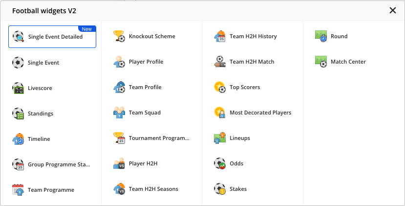 Football widgets V2 dropdown with 23 football widget tiles in four columns, from Single Event Detailed (marked New), Single Event, Livescore and Standings to Round and Match Center