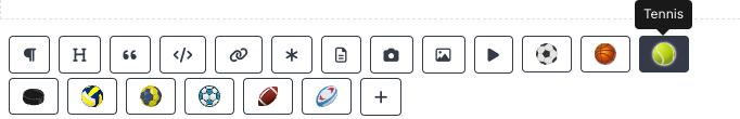 The quick-add row below the article body: content-block buttons, then one icon for each sport enabled on this project, then +. The Tennis icon is hovered and shows its name.