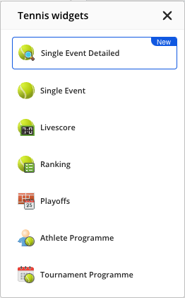 The Tennis widgets list opened from the sport icon, with Single Event Detailed among its widgets.