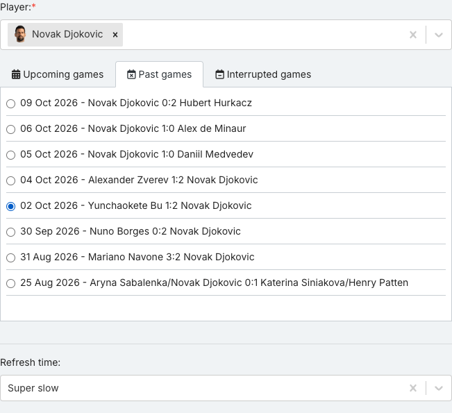 The match list for the selected player, with one specific Single Event Detailed match checked.
