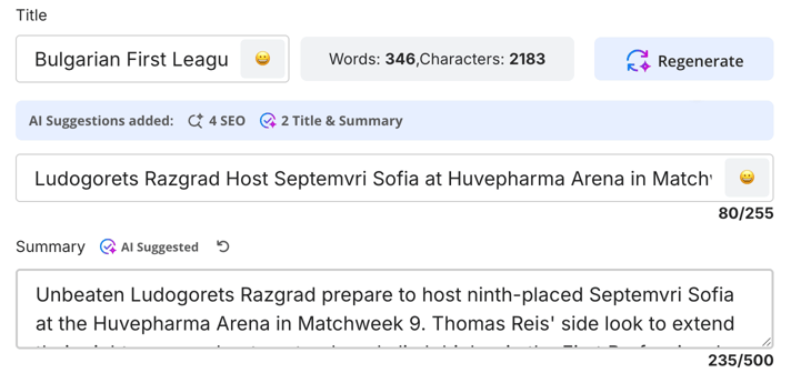 The article editor after AI Suggestions: the button now reads Regenerate, the bar AI Suggestions added: 4 SEO, 2 Title & Summary sits above the title, and Summary carries the AI Suggested pill with an undo button next to it.