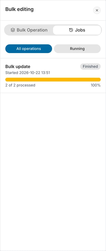 The Bulk editing panel on the Jobs tab: the Bulk Operation and Jobs tabs, the All operations and Running filters, and a finished Bulk update job with its progress bar, 2 of 2 processed, 100%.