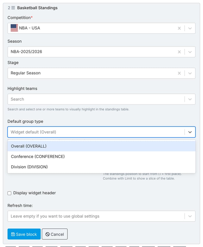 The Basketball Standings block form with Competition NBA - USA, Season NBA-2025/2026 and Stage Regular Season selected. The Default group type dropdown, below Highlight teams, is open and lists Overall (OVERALL), Conference (CONFERENCE) and Division (DIVISION); its placeholder reads Widget default (Overall).