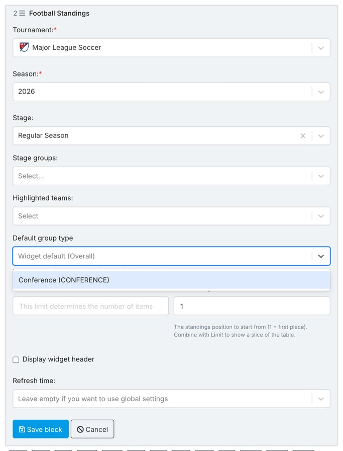 The Football Standings block form with Tournament Major League Soccer, Season 2026 and Stage Regular Season selected. The Default group type dropdown, below Highlighted teams, is open and lists Conference (CONFERENCE); its placeholder reads Widget default (Overall).