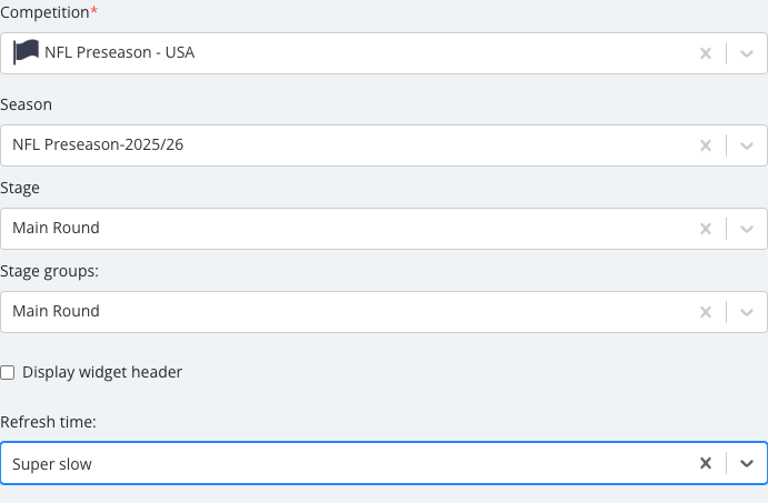 The Group Programme Standings options panel with its fields set.