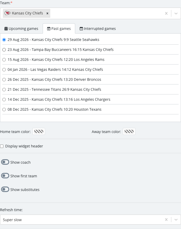 The match list revealed after selecting a team, with one specific Lineups match checked.