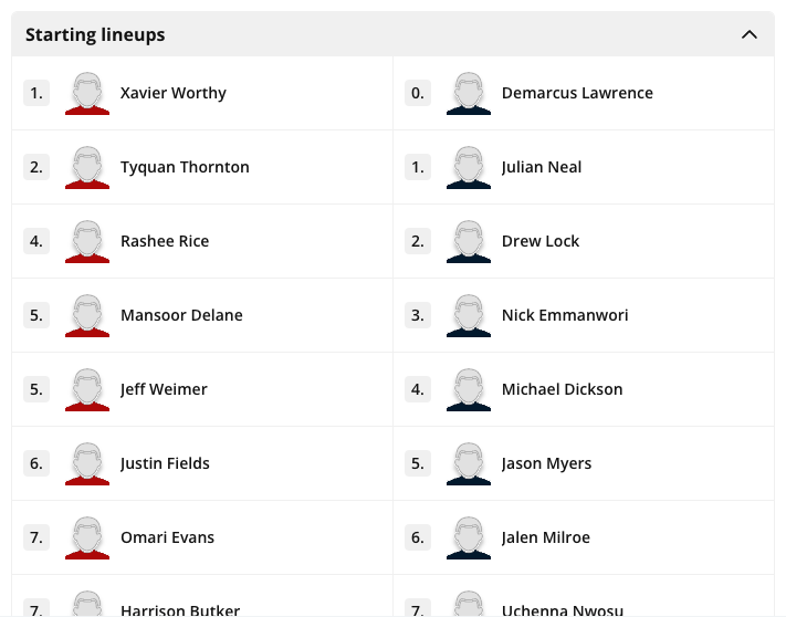 The American Football Lineups widget rendered in the CMS preview. The widget shows both squads, split into starters and substitutes.