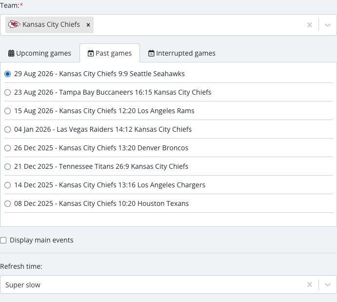 The match list revealed after selecting a team, with one specific Match Center match checked.