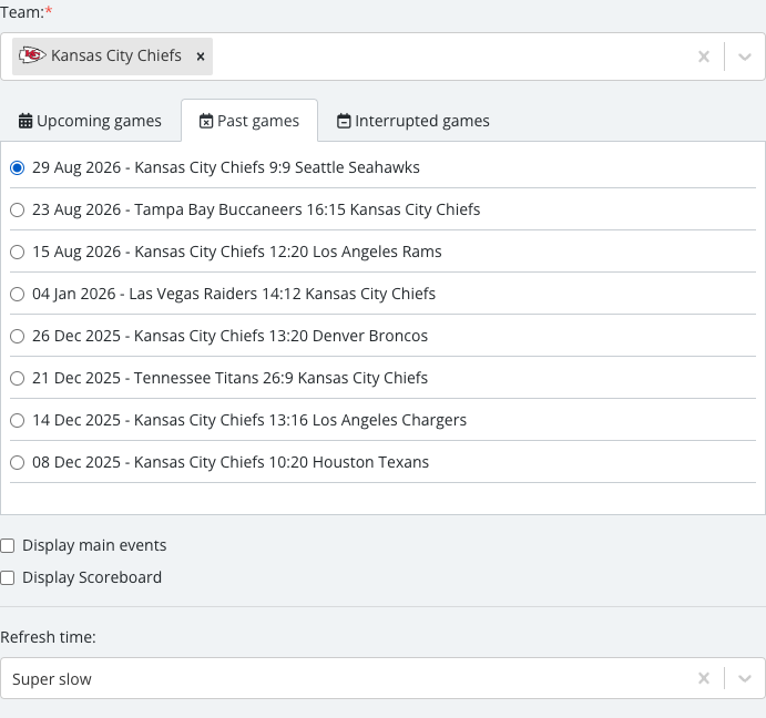 The match list revealed after selecting a team, with one specific Single Event Detailed match checked.