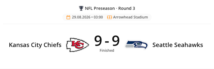 The American Football Single Event Detailed widget rendered in the CMS preview. By default the widget shows just the match result. Checking Display Scoreboard, where available, adds the quarter-by-quarter breakdown underneath it.