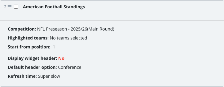 The saved Standings widget block in the article body.