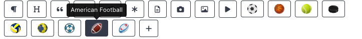 The icon row revealed by hovering a block, with the American Football icon highlighted among the other sports available on this project.