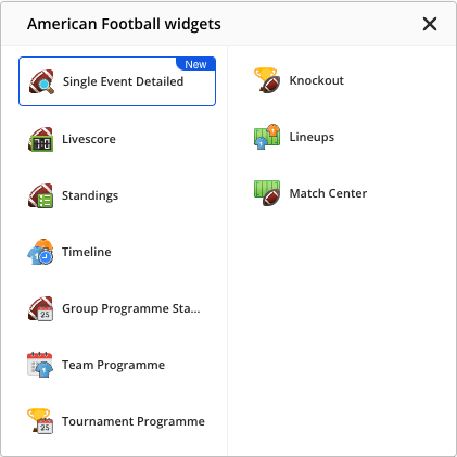The American Football widgets list opened from the sport icon, showing all ten widgets with Team Programme among them.