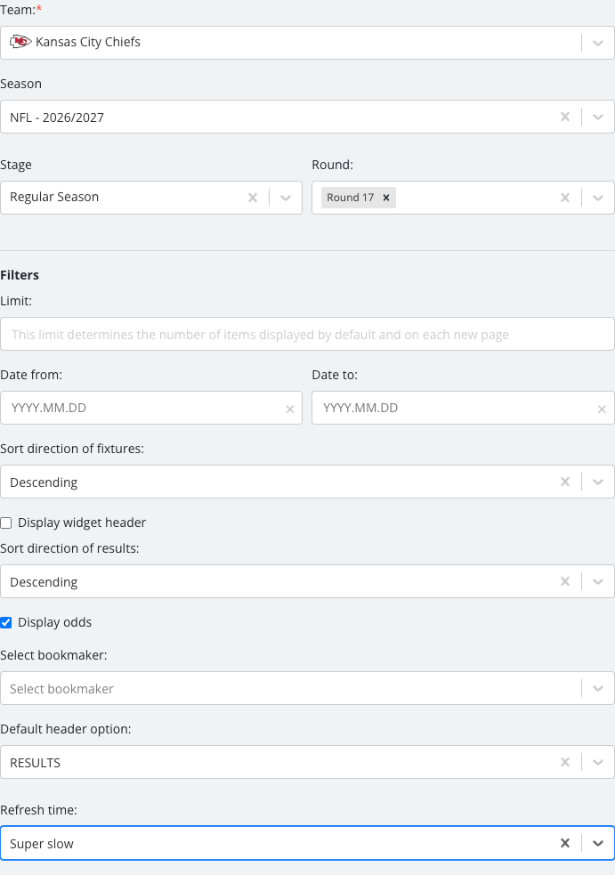 The Team Programme options panel with its fields set.