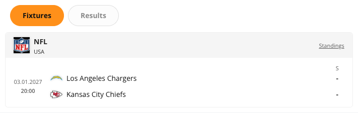 The American Football Team Programme widget rendered in the CMS preview. The widget lists that team’s matches in date order.
