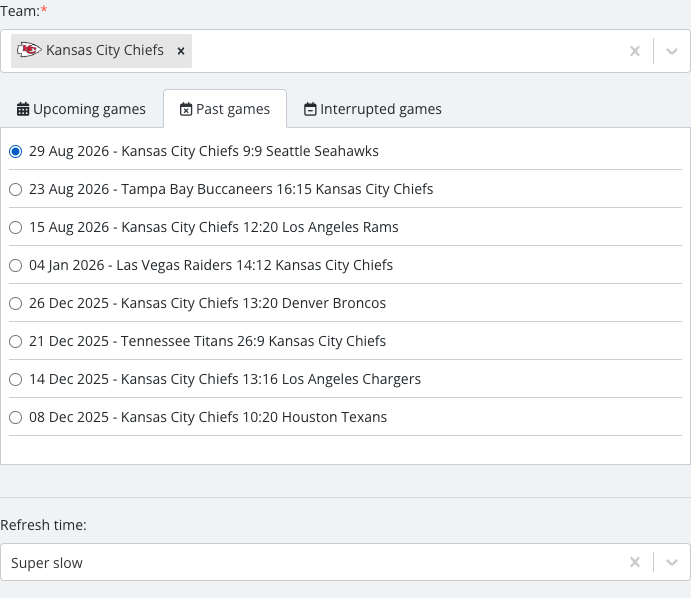The match list revealed after selecting a team, with one specific Timeline match checked.