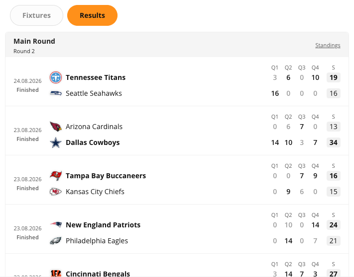 The American Football Tournament Programme widget rendered in the CMS preview. The widget lists fixtures grouped by round for the competition and season you selected.