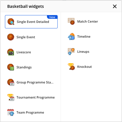 The Basketball widgets list opened from the sport icon, showing all ten widgets with Single Event Detailed among them.