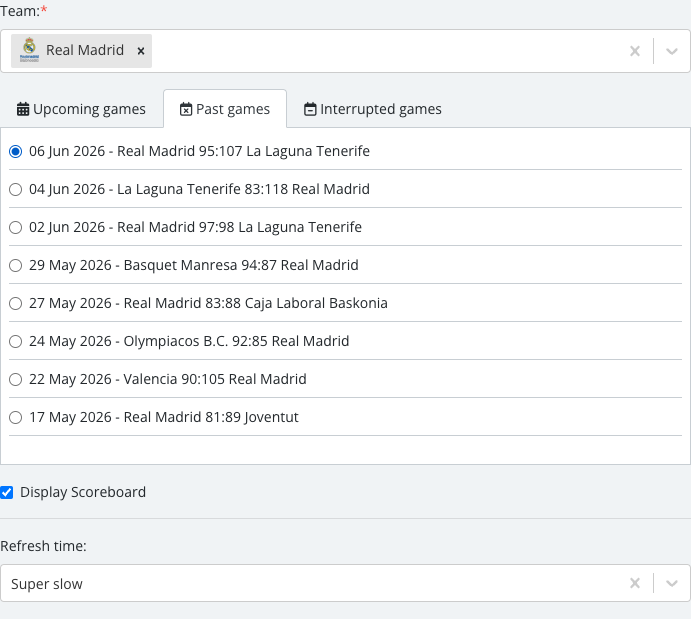 The match list revealed after selecting a team, with one specific Single Event Detailed match checked.